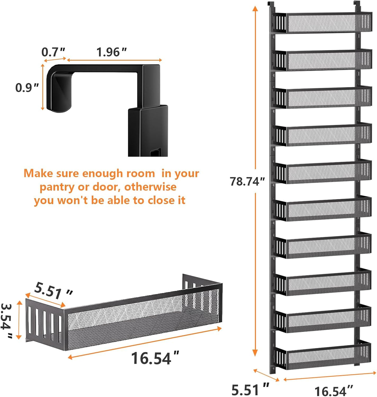 6-Tier Over The Door Pantry Organizer with Mesh Baskets, Adjustable & Stable Hanging Spice Rack for Kitchen, Bathroom, Bedroom, and Baby Essentials Storage