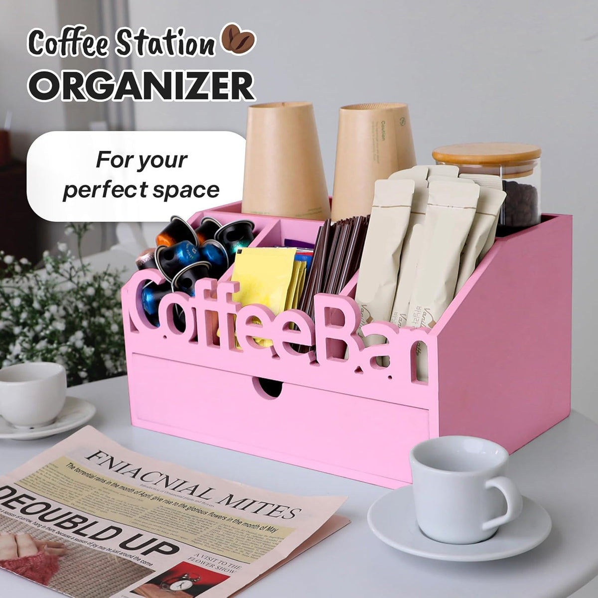Coffee Bar Organizer for Countertop – Wooden Coffee Caddy with Compartments for Pods, Sugar Packets, and Accessories – Coffee Condiment Station Storage for Home and Office (Black)