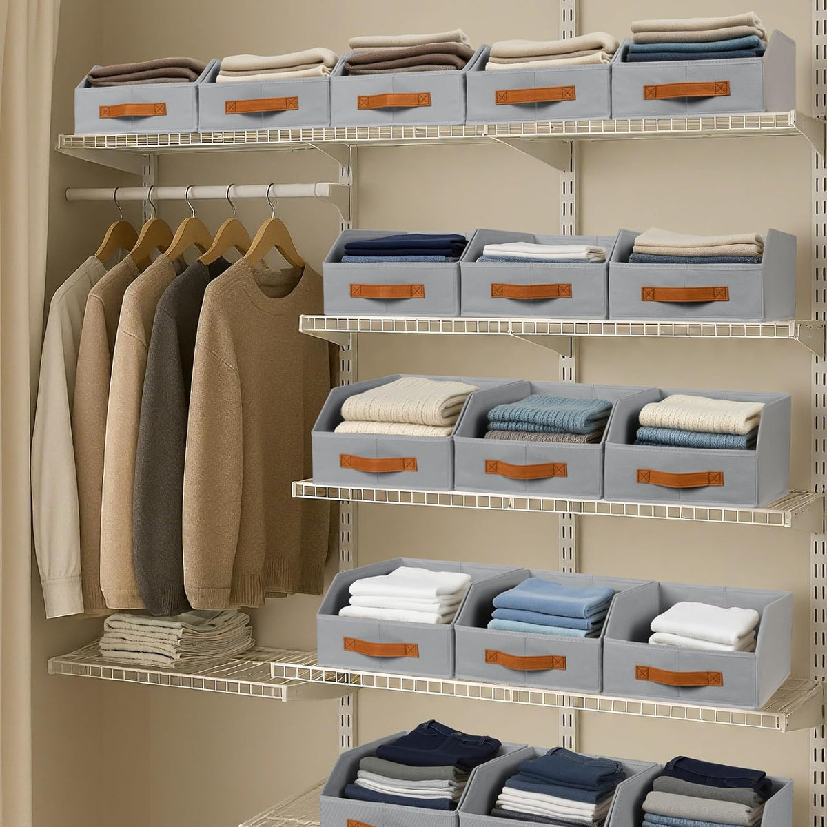 Homsorout Fabric Storage Bins for Organizing - Large Trapezoid Collapsible Storage Bins with Front Handle, Closet Organizers and Storage for Bedroom, Home Shelves, Small Spaces, Beige