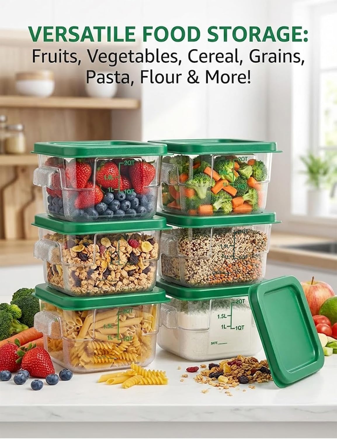 4 Pack 4QT Food Storage Containers with Green Lids, Clear Square Restaurant Commercial Food Storage Containers with Handle and Scale, Marinating Container Dough Rising Bucket for Home & Dining
