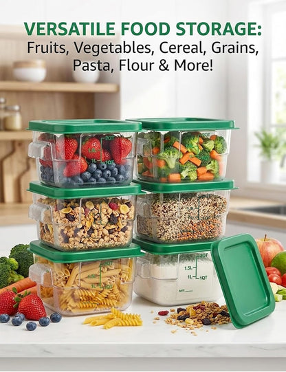 4 Pack 4QT Food Storage Containers with Green Lids, Clear Square Restaurant Commercial Food Storage Containers with Handle and Scale, Marinating Container Dough Rising Bucket for Home & Dining