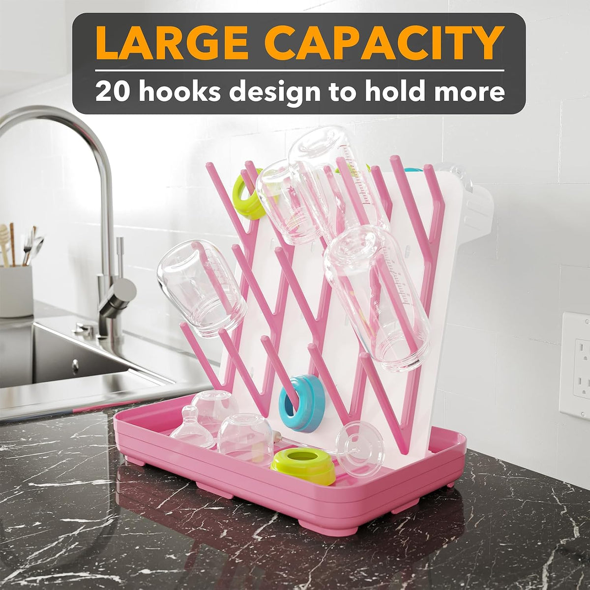 SpaceAid Baby Bottle Drying Rack with 20 Hooks, Space Saving Kitchen Bottles Rack Dryer, Vertical Baby Bottle Holder Organizer for Countertop Storage Accessories (White and Gray)