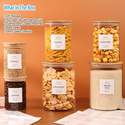Borosilicate Glass Storage Jars with Bamboo Lids + 132 Pre-Printed Pantry Labels Included, BPA-Free Thicken Airtight Containers for Flour, Sugar, Rice, Microwave & Freezer Safe(100OZ/54OZ/27OZ)