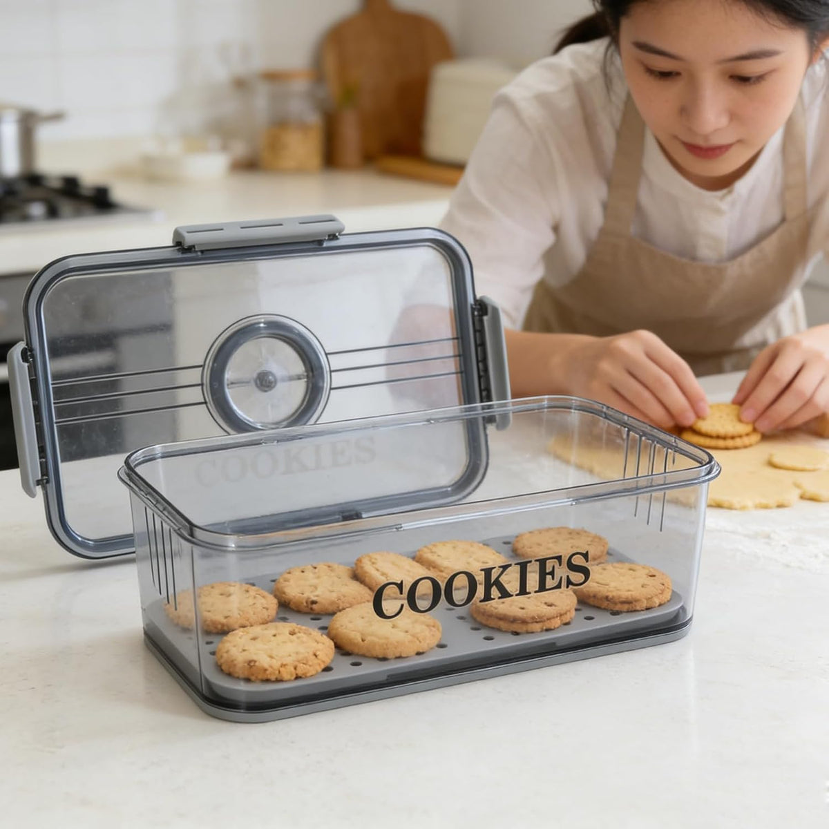 Cookie Jar with Airtight Lid,Bread Box for Kitchen Countertop,Time Recording Bread Storage Container, BPA-Free Plastic Containers for Cookies, Homemade Bread, Toast, Bagel, Donut