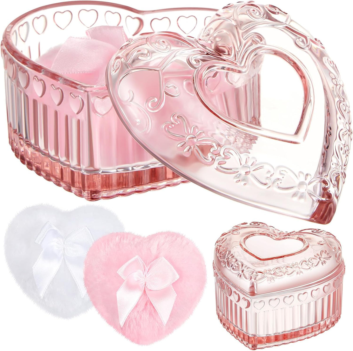 Tioncy 3 Pcs Large Body Powder Puff and Container Valentine's Day gift Powder Container with Puff Crystal Case Soft Washable Reusable Velour Face Body Glitter Wet Dry Makeup (Classic,Clear)