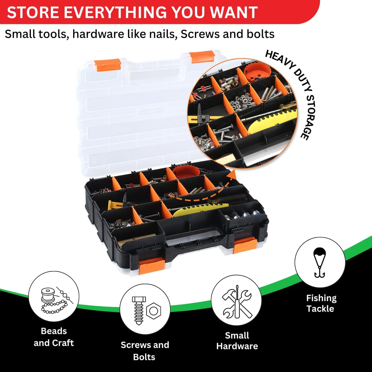 Andalus Tools Organizer Box, Small Parts Storage 34-Compartment Double-Sided Portable Hardware Organizer Removable Plastic Dividers for Screws, Nuts, Bolts, Nails – Orange (12.5" x 10.5" x 3")