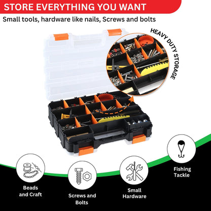 Andalus Tools Organizer Box, Small Parts Storage 34-Compartment Double-Sided Portable Hardware Organizer Removable Plastic Dividers for Screws, Nuts, Bolts, Nails – Orange (12.5" x 10.5" x 3")