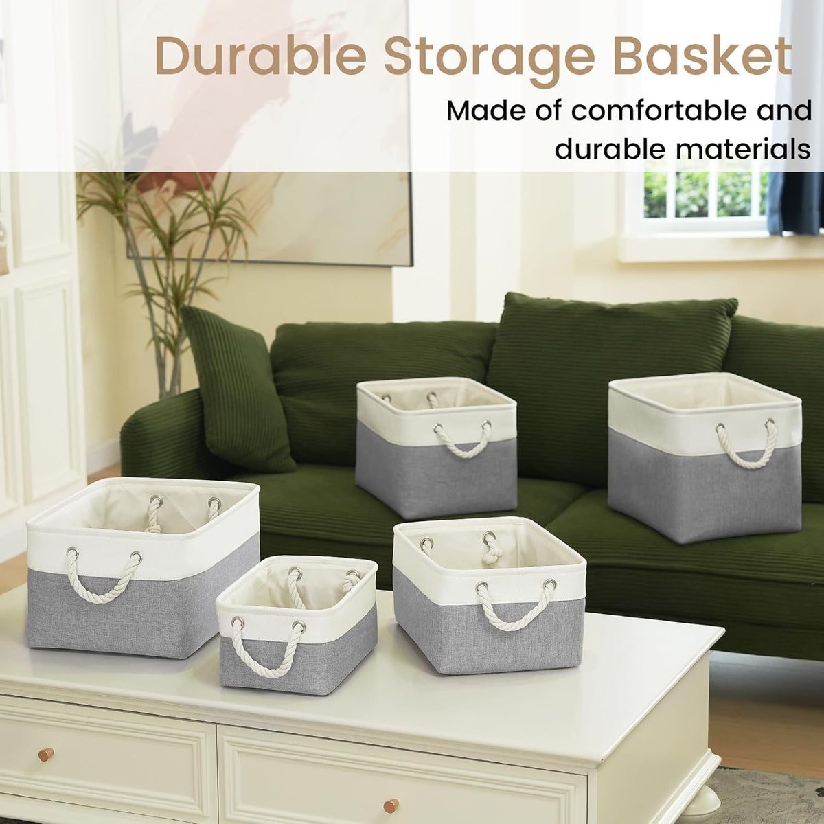 Large Storage Baskets- 15.7x11.8x8.26 inch Storage Bins for Shelves and Closet Organizing, Foldable Fabric Bin for Home Organization Clothes and Laundry (3-Pack, White&Khaki)
