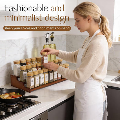 Spice Rack Organizer for Cabinet, 18in Bamboo Tiered Spice Rack，Used for Kitchen Countertops and Food Storage Room Organizer，Specially Designed for Jars and Spice Bottles(Bamboo, L)