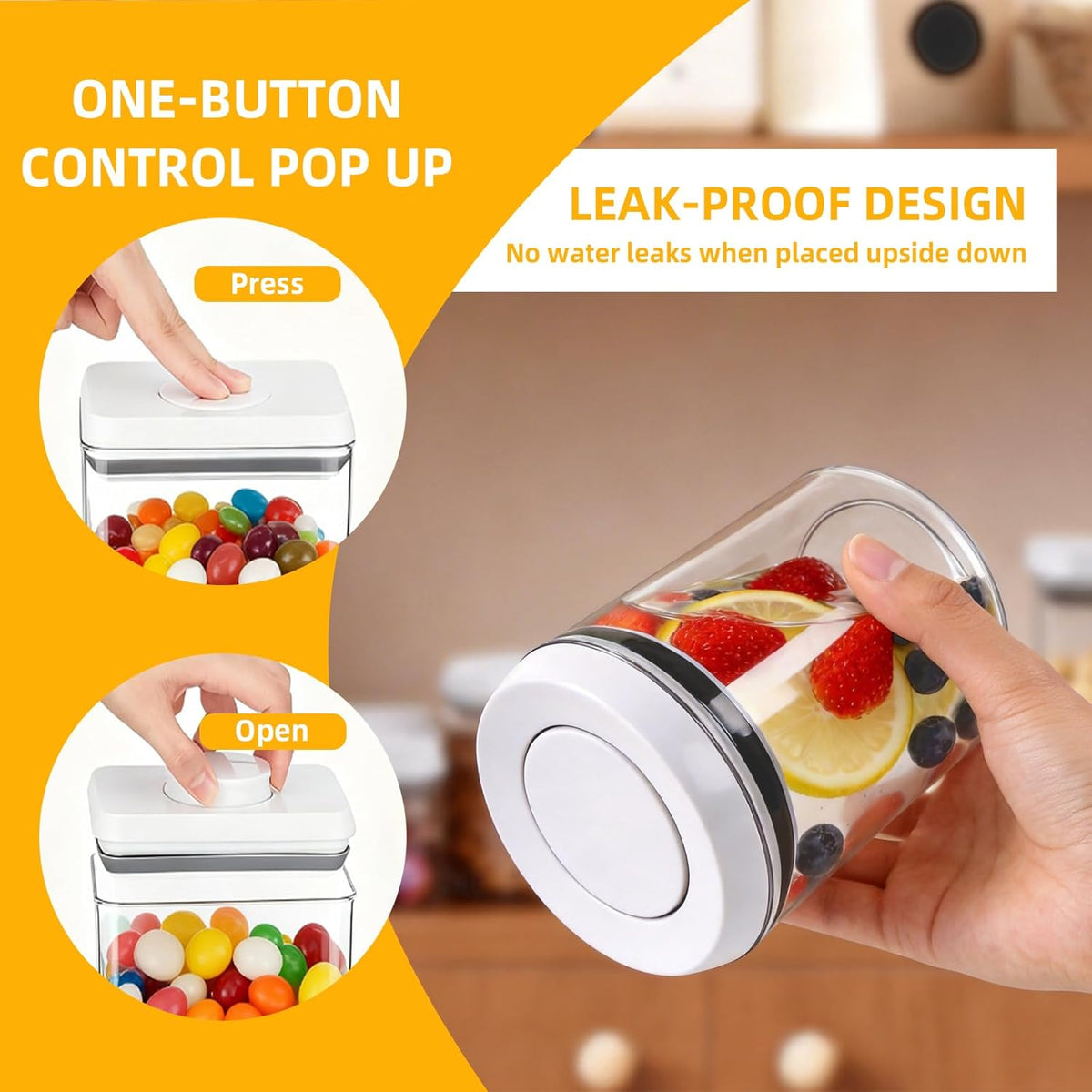 Pop Airtight Food Storage Containers with Lids, Push Button Seal BPA-Free for Kitchen Pantry Organization, 0.65Qt/0.7Qt/1.8Qt for Cereal, Flour, Sugar, Snacks Dry Food Storage