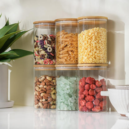 D2scrma 22oz Straight cylindrical Airtight Storage Jars with Bamboo Lid Set of 6 Storage Container Stackable Spice Jar, Kitchen Canister for Sugar, Tea, Cookies and Coffee beans (with Black Lable)