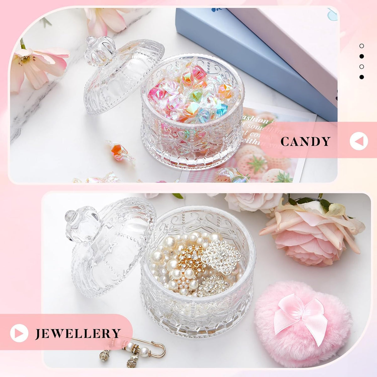 Tioncy 3 Pcs Large Body Powder Puff and Container Valentine's Day gift Powder Container with Puff Crystal Case Soft Washable Reusable Velour Face Body Glitter Wet Dry Makeup (Classic,Clear)