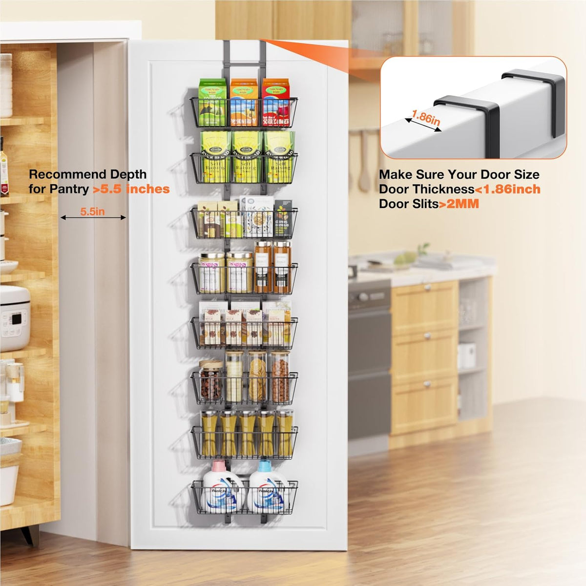 10 Tier Over the Door Pantry Organizer, Over the Door Spice Rack with Adjustable Baskets, Metal Hanging Door Pantry Organizers and Storage for Kitchen Bathroom Bedroom, White