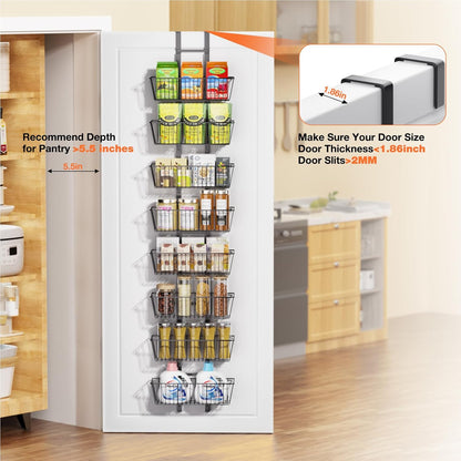 10 Tier Over the Door Pantry Organizer, Over the Door Spice Rack with Adjustable Baskets, Metal Hanging Door Pantry Organizers and Storage for Kitchen Bathroom Bedroom, White