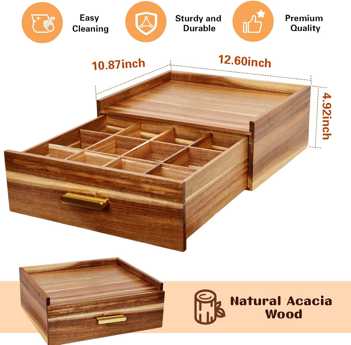 NANXITU Acacia Wood Tea Holder Organizer,Tea Box Organizer Storage Box,Tea Caddy for Tea Bags Organizer Drawer,with12 Compartments Multi-Functional Tea Station Chest for Countertop