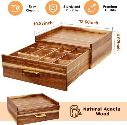 NANXITU Acacia Wood Tea Holder Organizer,Tea Box Organizer Storage Box,Tea Caddy for Tea Bags Organizer Drawer,with12 Compartments Multi-Functional Tea Station Chest for Countertop