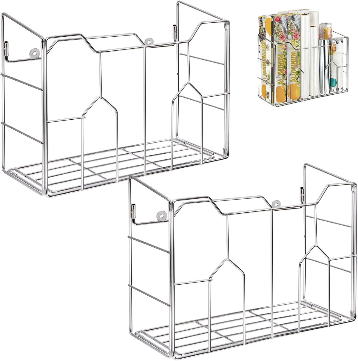 Cididu 2 Pack Kitchen Wrap Organizer Rack Wall Mount, Cabinet Door Organizer Storage, Wall Rack Basket Sturdy Steel Wire, Tall Inside Cabinet Holder for Aluminum Foil Plastic Wrap Wax Paper