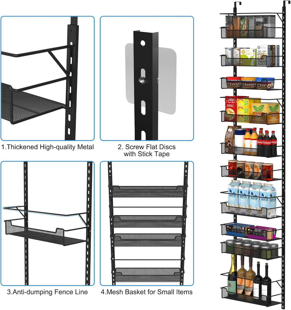 VyGrow 12.3" W Narrow Over the Door Pantry Organizer, 6-Tier Over the Door Organizer with Adjustable Basket, Pantry Door Organization for Pantry Kitchen Storage Room Spice Rack, White