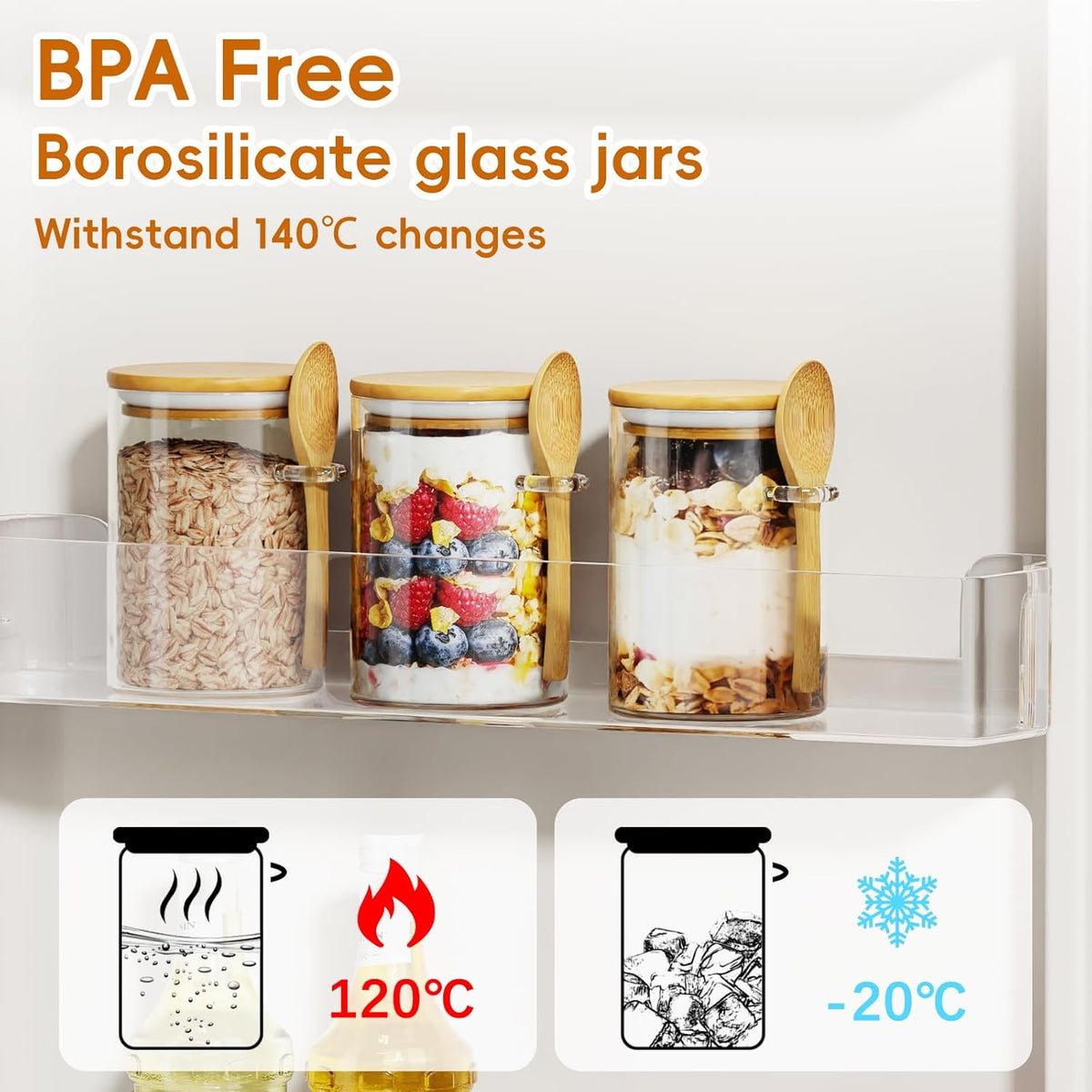 Glass Sugar Container with Spoon - 15oz Glass Jars with Bamboo Lid and Spoon, Bamboo Lid Storage Jar Canister for Coffee Beans, Spice, Brown Sugar, Tea, Flour, Nuts, Candy, Salts and More