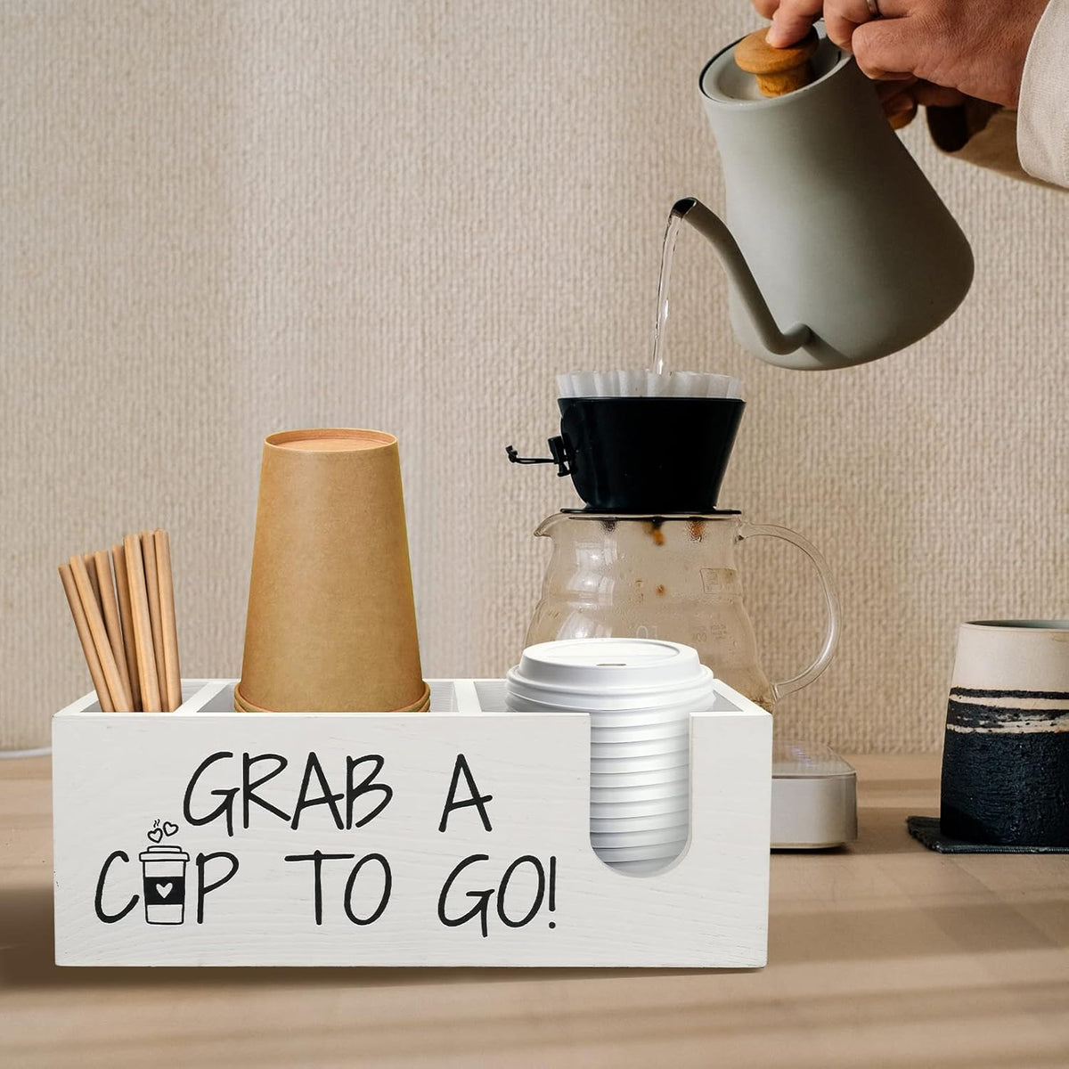 Coffee Station Organizer for Cup and lid Storage Box, Farmhouse Wood Coffee Bar Accessories Disposable Cup Holder for Counter Decor - White