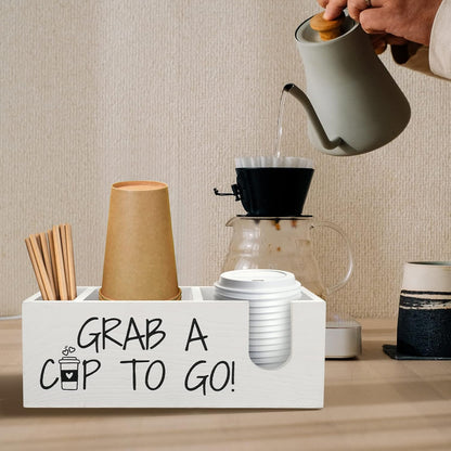 Coffee Station Organizer for Cup and lid Storage Box, Farmhouse Wood Coffee Bar Accessories Disposable Cup Holder for Counter Decor - White