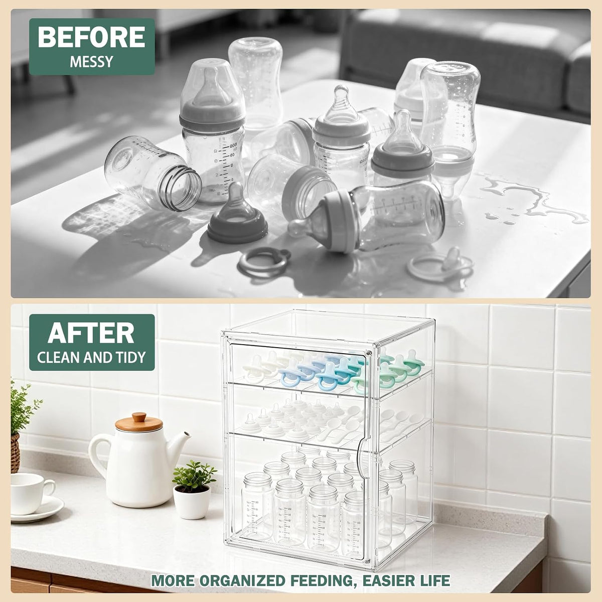 Baby Bottle Organizer, 3-Tier Bottle Storage for Countertop with Double Magnetic Doors, Clear Plastic Bottle Station Organizer Mom Gifts with 2 Dividers for Kitchen, Bathroom, Cabinet, Vanity