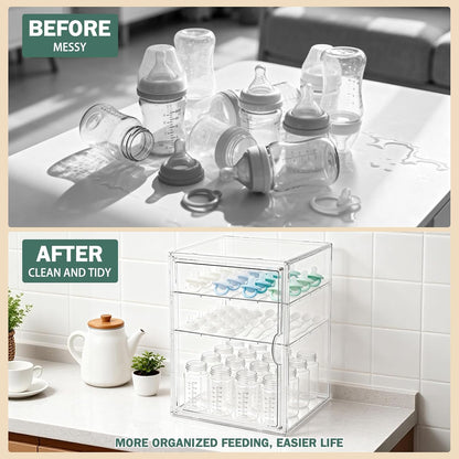 Baby Bottle Organizer, 3-Tier Bottle Storage for Countertop with Double Magnetic Doors, Clear Plastic Bottle Station Organizer Mom Gifts with 2 Dividers for Kitchen, Bathroom, Cabinet, Vanity