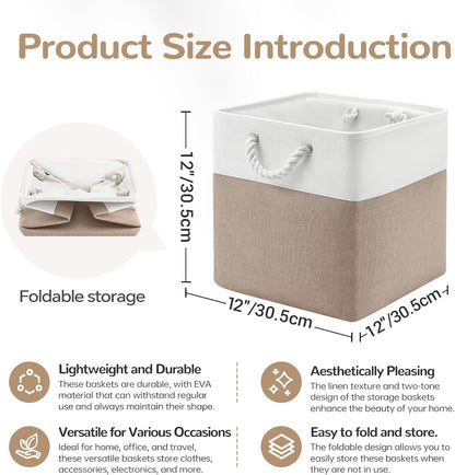Large Storage Baskets- 15.7x11.8x8.26 inch Storage Bins for Shelves and Closet Organizing, Foldable Fabric Bin for Home Organization Clothes and Laundry (3-Pack, White&Khaki)