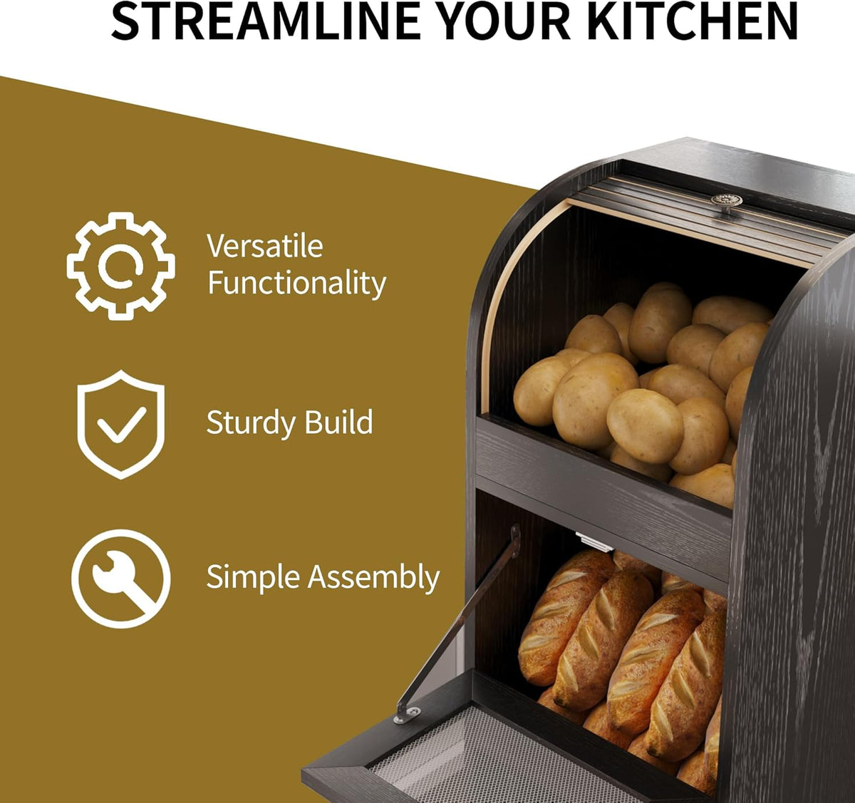 Movable Potato and Onion Storage Box with Wheels,Wooden Vegetable Storage Box,Food Storage Room with Grocery Area,Sliding Design,Modern Farmhouse Style，Suitable for Kitchen (potato bin-Walnut-02)