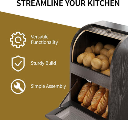Movable Potato and Onion Storage Box with Wheels,Wooden Vegetable Storage Box,Food Storage Room with Grocery Area,Sliding Design,Modern Farmhouse Style，Suitable for Kitchen (potato bin-Walnut-02)