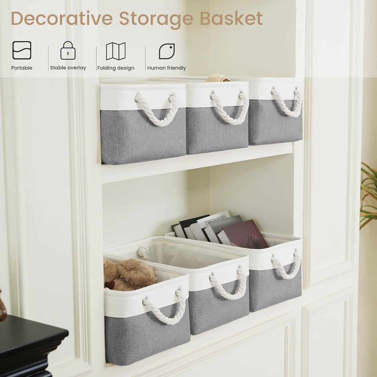 Large Storage Baskets- 15.7x11.8x8.26 inch Storage Bins for Shelves and Closet Organizing, Foldable Fabric Bin for Home Organization Clothes and Laundry (3-Pack, White&Khaki)