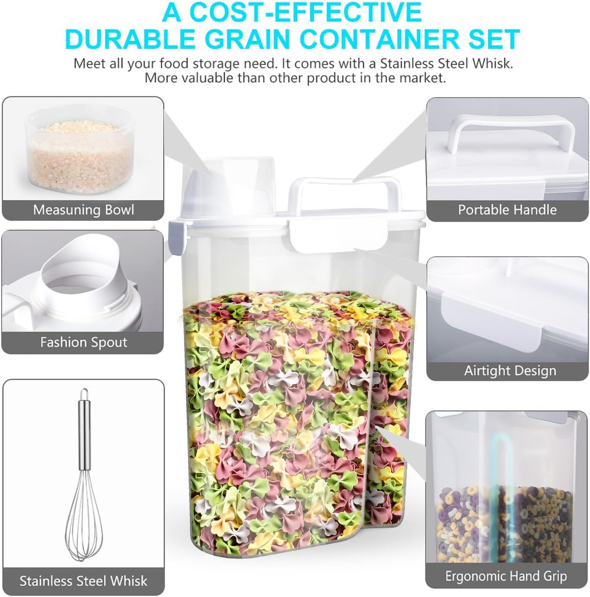Uppetly Rice Airtight Dry Food Storage Containers, BPA Free Plastic Storage Bin Dispenser with Pourable Spout, Measuring cup for Cereal, Flour and Baking Supplies, Include a Stainless Steel Whisk
