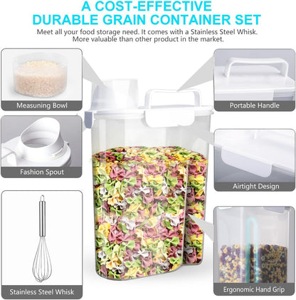 Uppetly Rice Airtight Dry Food Storage Containers, BPA Free Plastic Storage Bin Dispenser with Pourable Spout, Measuring cup for Cereal, Flour and Baking Supplies, Include a Stainless Steel Whisk