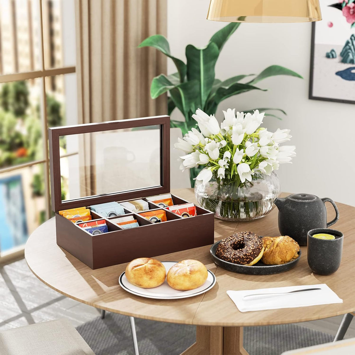 Alsonerbay Wooden Tea Box Tea Bag Holder Kitchen Storage Chest Box for Spice Pouches and Sugar Packets with 8 Compartments and Glass Window Weathered Black