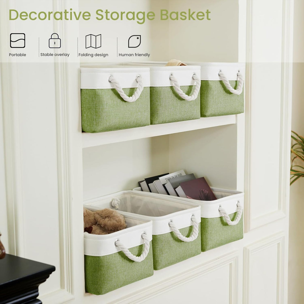 Large Storage Baskets- 15.7x11.8x8.26 inch Storage Bins for Shelves and Closet Organizing, Foldable Fabric Bin for Home Organization Clothes and Laundry (3-Pack, White&Khaki)