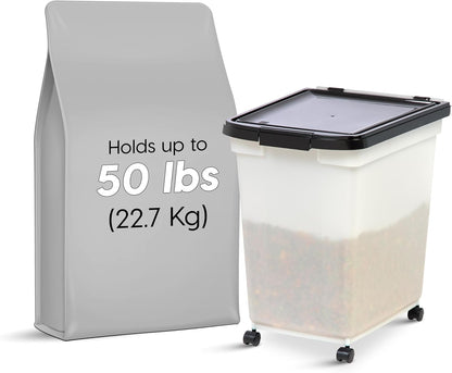 IRIS USA Airtight Dog Food Storage Container, WeatherPro, Up to 50 lbs, Removable Wheels, for Dog Cat Bird and Other Pet Food Storage Bin, Keep Fresh, Translucent Body, Made in USA, Clear/Gray