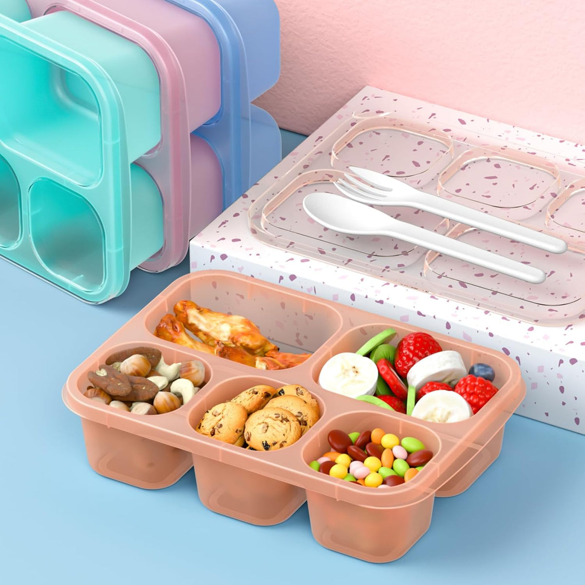 Bento Box Adult Lunch Box - 4 Pack, 5 - Compartment Meal Prep Container for Kids, Reusable Food Storage Snack Containers - Stackable for School, Work, and Travel (Wheat(Green/Blue/Pink/Beige))