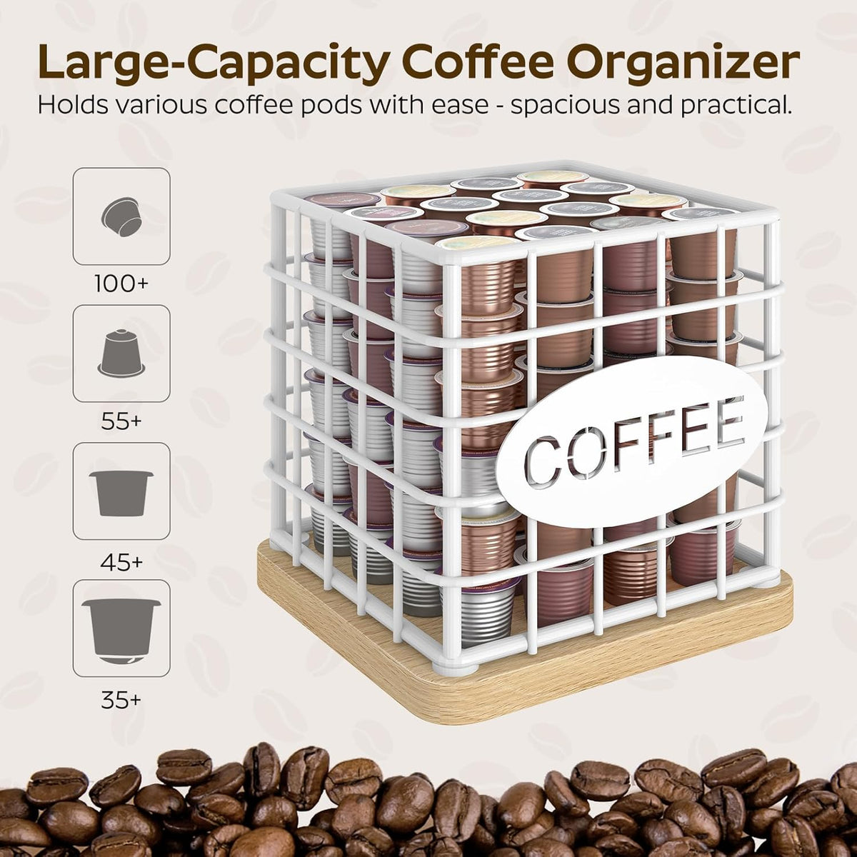 YATINEY Coffee Pod Holder for K Cup, Large Capacity Coffee Pod Organizer, Versatile Coffee Capsule Storage Basket with Wooden Base, White KH10WN