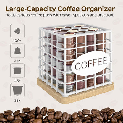 YATINEY Coffee Pod Holder for K Cup, Large Capacity Coffee Pod Organizer, Versatile Coffee Capsule Storage Basket with Wooden Base, White KH10WN