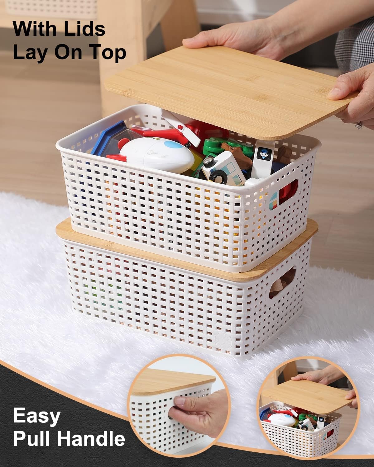 EOENVIVS Plastic Storage Baskets with Bamboo Lids for Pantry Organization and Storage Containers Bins for Shelves Drawers Desktop Closet Playroom Classroom Office Home, 6 Pack,White