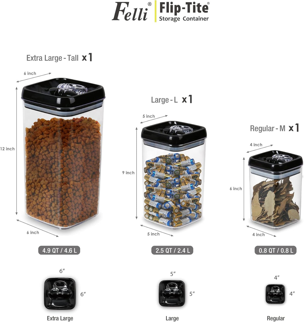Felli Flip Tite Storage Container with Built-In Spoon & Airtight Lid 5” Large-M Ring Flip Top, Stackable Acrylic Canister for Sugar Flour Powder, Kitchen Pantry Organizer (1.8qt), 2 spoons