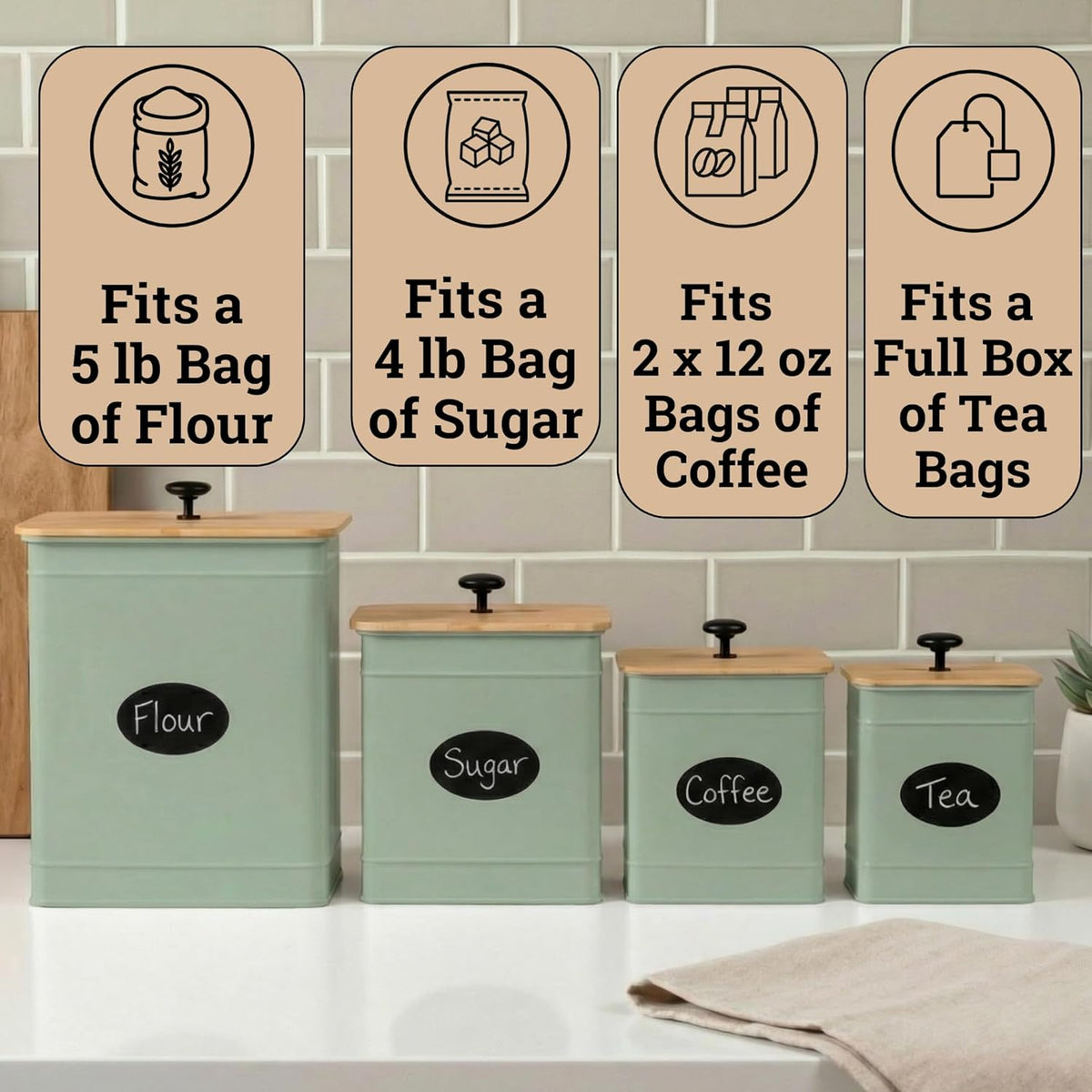 Kitchen Canisters for Countertop Set of 4 with Customizable Chalkboard Labels & Marker Pen - Big Iron Kitchen Canisters with Airtight Lids - Black Canister Set - Flour and Sugar Containers Farmhouse