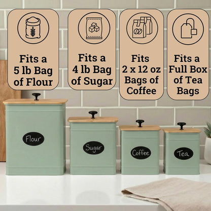Kitchen Canisters for Countertop Set of 4 with Customizable Chalkboard Labels & Marker Pen - Big Iron Kitchen Canisters with Airtight Lids - Black Canister Set - Flour and Sugar Containers Farmhouse