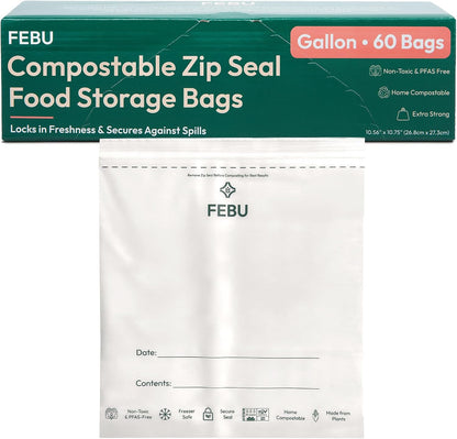 FEBU Compostable Food Storage Bags Variety Pack, 260 Count | Compostable & Biodegradable | PFAS & BPA Free | Drawer Organizer Box | 90 Snack, 90 Sandwich, 50 Quart, 30 Gallon