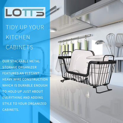 LOTTS Stackable wire basket for pantry, Metal Pantry basket, Storage Organizer Bin with Handles, Fruit basket for Kitchen Cabinets, Pantry, Closets, Bedrooms, Bathrooms (12.6×6.5×7.6")
