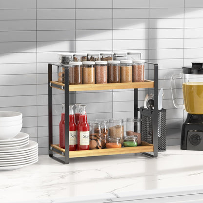 LEMIKKLE 2-Tier Coffee Bar Organizer With Basket,Wooden Counter Shelf for Coffee Bar Accessories,Kitchen Spice Rack Organizer for Countertop-Brown