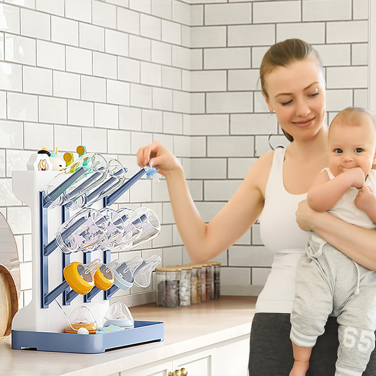 GoMaihe Baby Bottle Drying Rack: Space Saving Vertical Bottle Dryer Holder - Newborn Accessories Storage Stand Organize Brushes Pacifiers on Countertop - BPA-Free - Gray