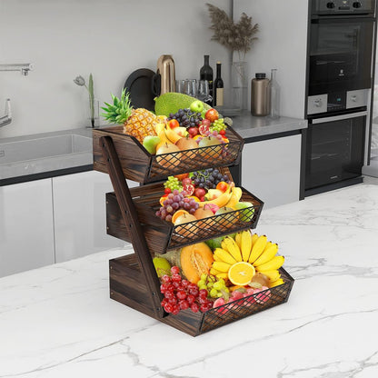 Dorhors Fruit Basket for Kitchen,Fruit Bowl,Kitchen Counter Organizer,Wooden Vegetable Holder for Countertop,Bread Storage Basket Stand(3 Tier)
