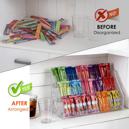 Drink Packet Organizer, Acrylic Water Flavor Packet Holder, Drink Mix Organizer Hydration Powdered Mixes Holder Container for Kitchen Cabinet Countertop Pantry Storage (3 Tier)