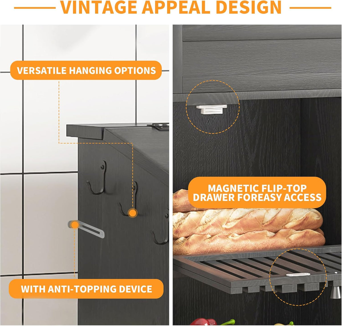 4 Tier Narrow Potato Storage Bin, Tall Wood Potato and Onion Storage Bin with Wheel, Movable Fruit and Vegetable Basket, Food Small Kitchen Pantry Cabinet, Wooden Bread Box, Walnut, Sliding Door
